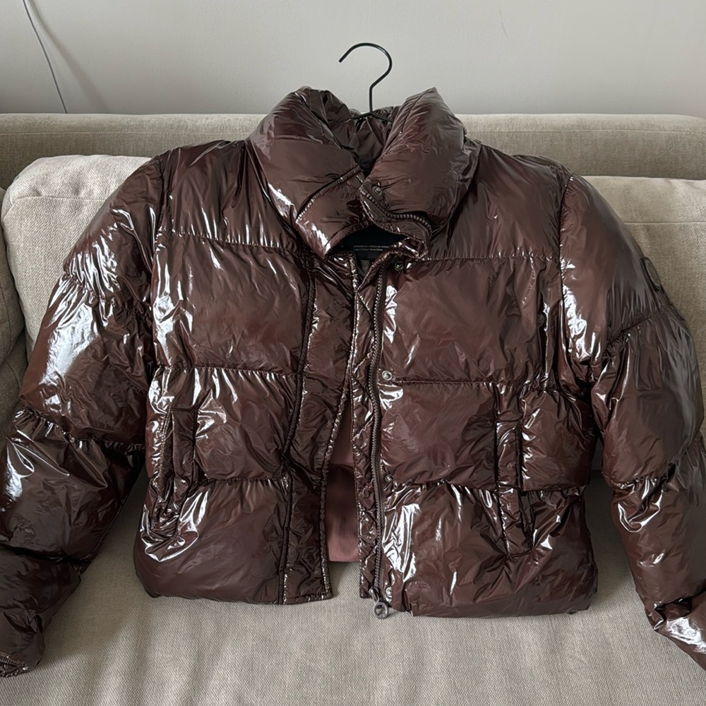 Noize Brown Glossy Cropped Puffer Jacket